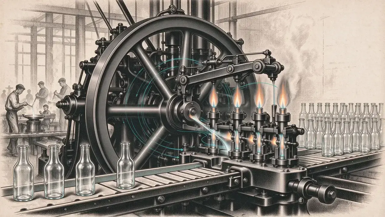 Owens automatic glass bottle blowing machine in early 1900s factory, historical industrial illustration