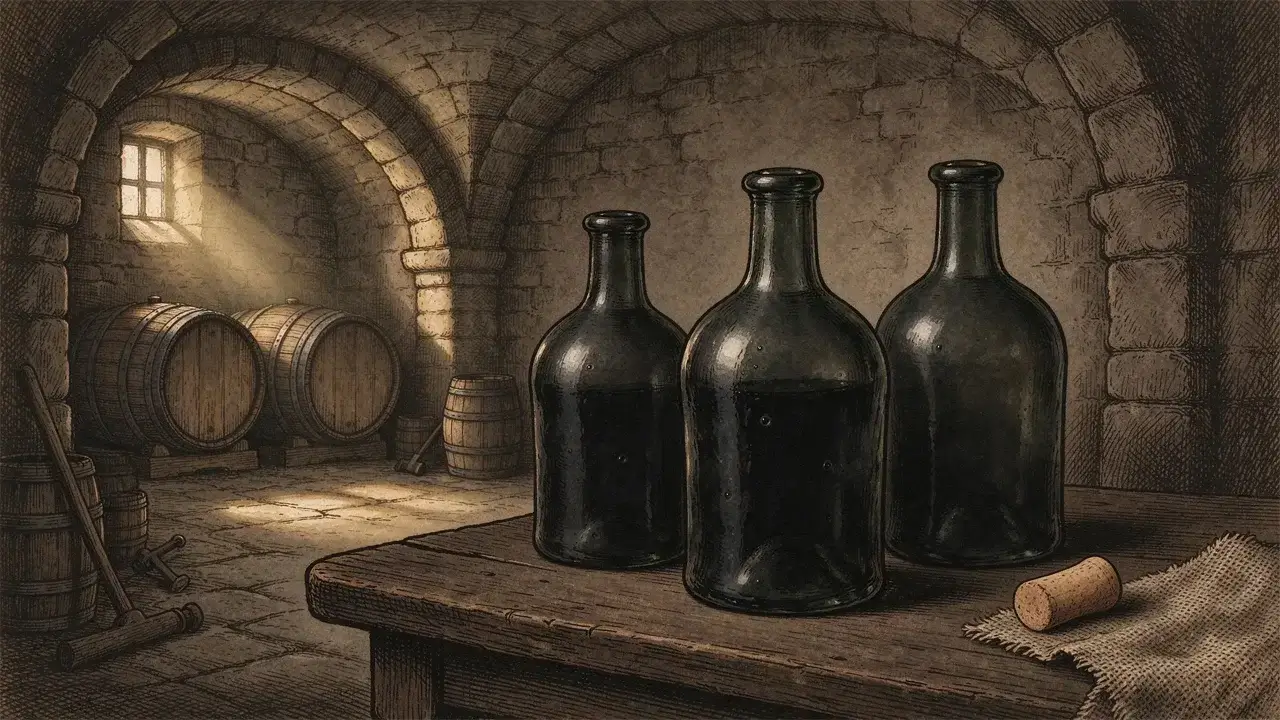 17th century thick dark glass wine bottles in a stone cellar, historical etching illustration