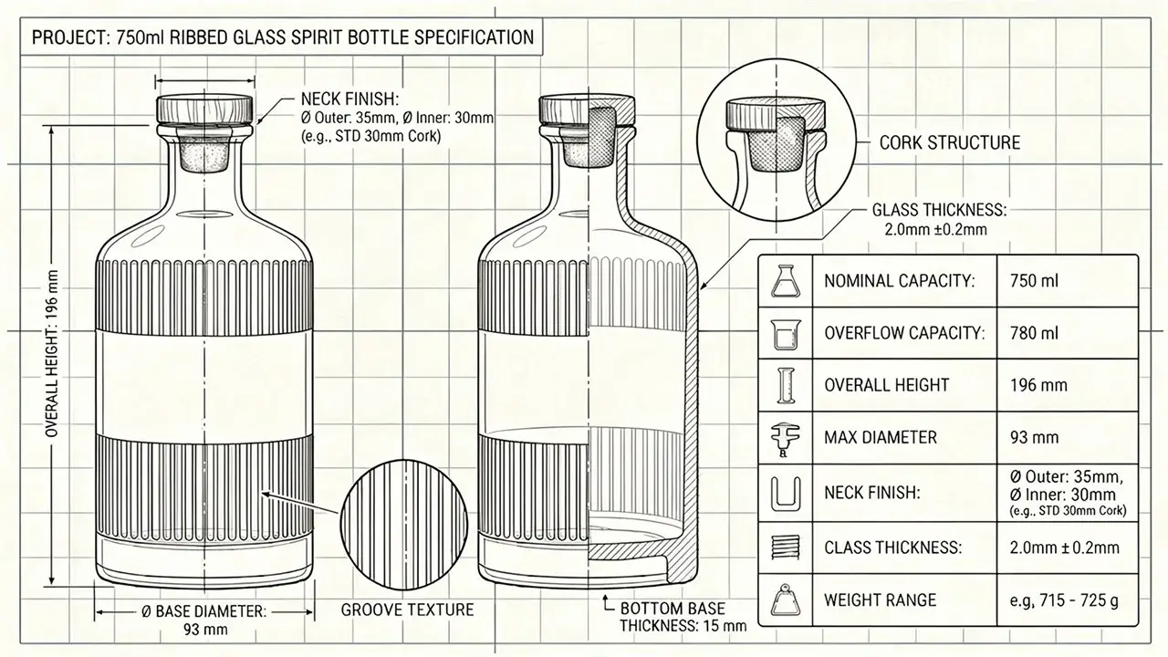 Rum glass bottle with concave vertical ridges