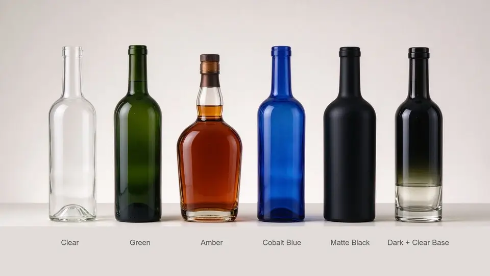 glass bottle colors: clear, green, amber, cobalt blue, matte black, and dark body with clear base