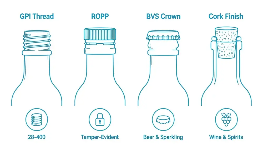 Four glass bottle sealing systems: GPI continuous thread, ROPP, crown cap, and cork neck finish