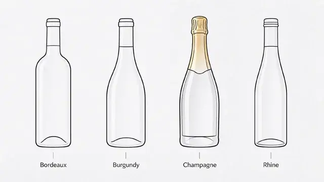 Four classic wine bottle shapes: Bordeaux, Burgundy, Champagne and Rhine